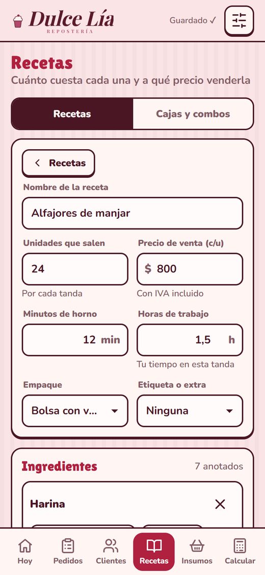 Receta con su costo y ganancia